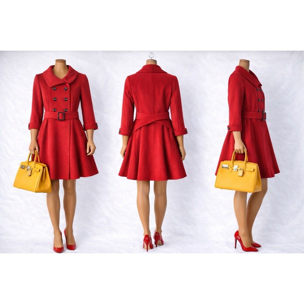 Moda International Red Wool Blend Peacoat Women M Double Breasted Coat Classic C